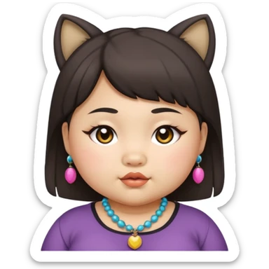 chubby Asian girl, medium wolf cut, baby face, age 15, funky accessories sticker