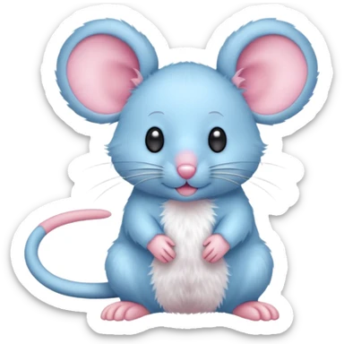 A small, light blue, fuzzy toy mouse with pink ears and a pink nose sticker