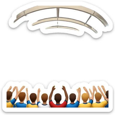 An icon showing a large, beautiful indoor stadium with soccer players on the field, actively playing. Fans cheer from the stands, creating a vibrant and energetic atmosphere. Bright lights shine down on the action, symbolizing the excitement of live sporting events. Transparent background. sticker