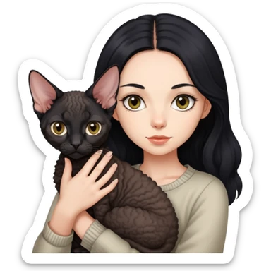 A girl with long black hair holding a Devon cat sticker