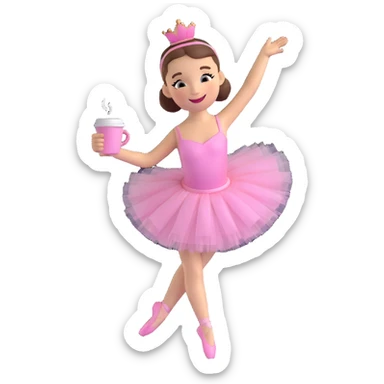 A ballerina with a coffee cup for a head, smiling face, wearing a pink tutu, shiny and glossy, on a white background in 3D iOS emoji style. sticker