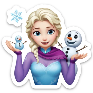 Cinematic Funny Elsa Portrait Emoji, Making a tiny snowman in her hands with a proud grin, looking smug as it dances, an unexpectedly hilarious moment of icy creativity! sticker