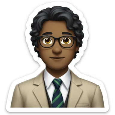 Hair: Messy, medium-length black hair slightly covering the ears and forehead.  Outfit: A formal school uniform featuring a white shirt with an open collar, a green striped tie, a navy sweater underneath, and a beige blazer on top. Black glasses sticker