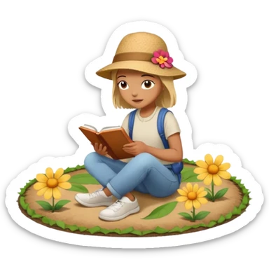 someone who's walking on a path and the person is reading a panel to learn about a flower. the person is redaing a panel which is on the ground sticker