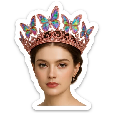 Change the butterfly crown to shimmering pink metal with rainbow butterflies and crystal accents, radiant and regal. Keep the background transparent. sticker