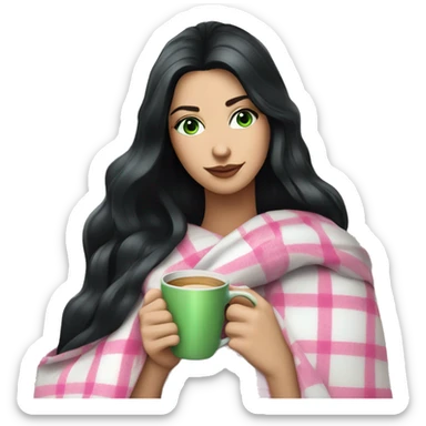 A pretty white woman with long black hair and green eyes wrapped in pastel pink plaid blanket drinking coffee sticker