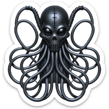 network of dark black wires and tubes forming a surreal occult creature, wrapped in black rags and bondage, Giger-inspired sticker