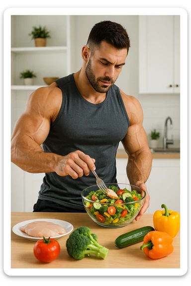 "Un uomo bodybuilder (30-35 anni) che migliora la sua composizione corporea e mangia sano sticker