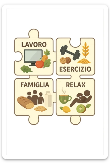 Puzzle (Lavoro, Esercizio, Famiglia, Relax), in lavoro metti icona di un PC, in Esercizio un Manubrio, in Famiglia una famiglia, in Relax qualcuno che riposa and healthy foods are integrated into each piece. in italiano sticker