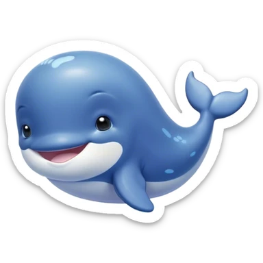 Cinematic happy baby whale, chubby rounded body, tiny smiling face, soft pastel blue hues, gentle glowing waves around, joyful and soothing. sticker