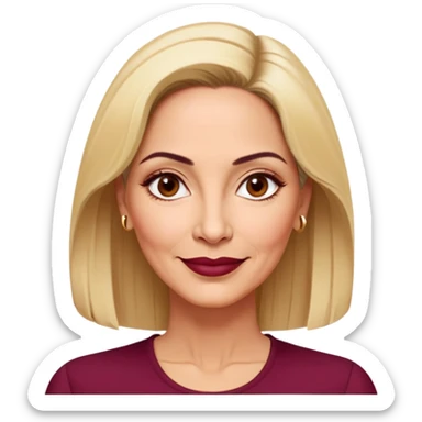 Puerto Rican actress Linette Torres in her 50s with warm light skin, mature elegant features, some fine lines, expressive eyes, well-defined eyebrows, straight nose, friendly smile, shoulder-length blonde hair, wearing a fashionable burgundy top sticker