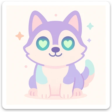 playful cartoonish husky with glowing green heart-shaped pupils sticker