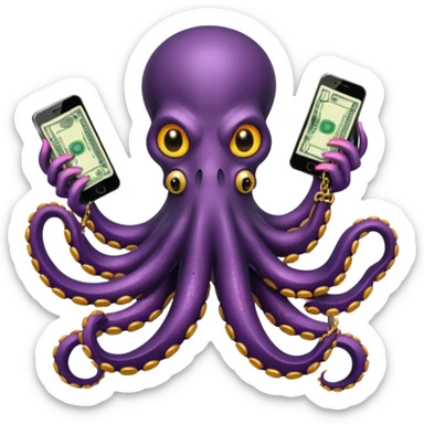 Intimidating octopus with pearl black skin, neon suction cups. Evil glaring eyes. Wearing a thick gold chain. 3 tentacles are holding their own cellphone, 2 other tentacles are holding stacks of money sticker