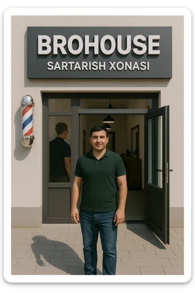 eni shu rasimga manashu odamga uxhshasin sartaosh eshik oldida tursin va tashqarida esa mijoz sticker