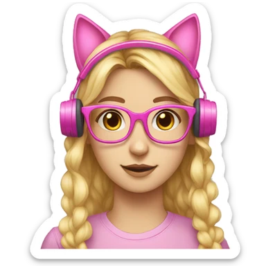 Nerd with pink glasses and long blond hairs and pink headset with cat ears sticker