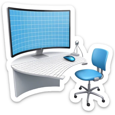 Create an emoji for 3D visualization and modeling. Show a 3D object like room model with grid lines on a big curved monitor. Add a modeling tool a mouse and stylus. Use modern, professional colors. Do not include any emojis or smiley faces. Make the background transparent. sticker