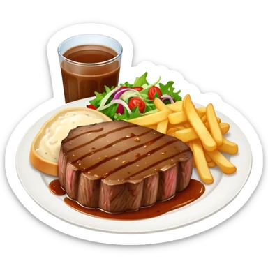 big juicy australian steak meal featuring chips, small salad in a ramiken and gravy  sticker