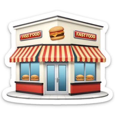 front of fast food building with awning, windows, and a glass door in the center sticker