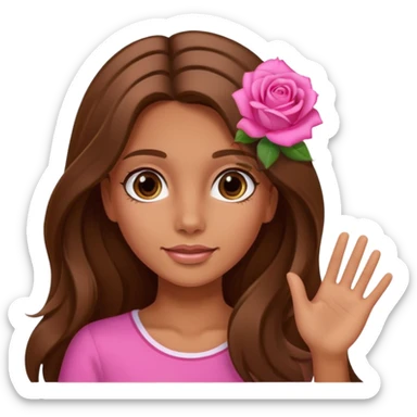 A tanned girl's face waved long brown hair with pink rose sticker