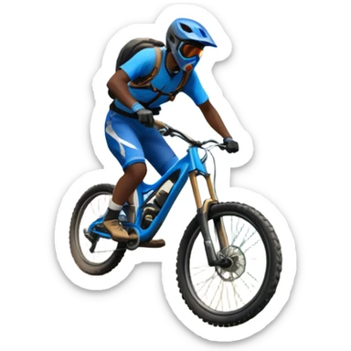 A thrilling downhill mountain biking scene! A rider in full gear speeds down a steep rocky trail, kicking up dust. The rugged mountain landscape surrounds them, with towering peaks, evergreen trees, and a bright blue sky. The rush of adventure is in the air. Transparent background. sticker