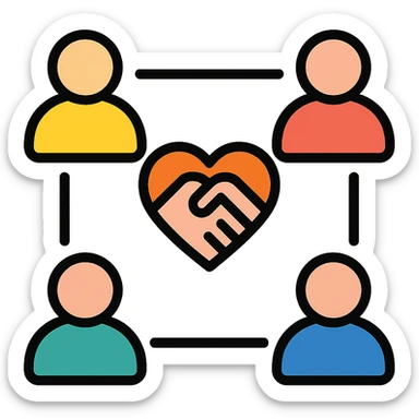 multiple candidate avatars connected by lines, with a heart or handshake symbol to show relationship sticker