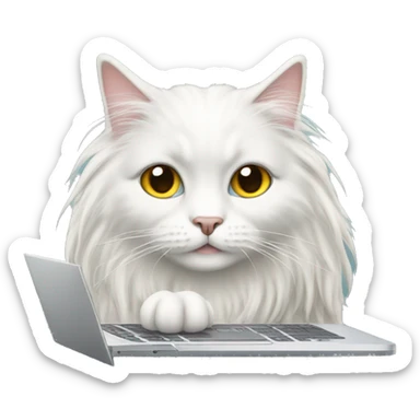 White long haired cat in front of a laptop sticker