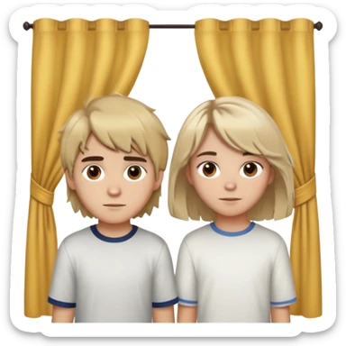 Make a couple. Boy with blondish messy mid length hair with round brown eyes and thick round eyebrows. A girl with brown hair and brown eyes she has a middle part and she has curtain bangs and she has light brown eyebrows sticker