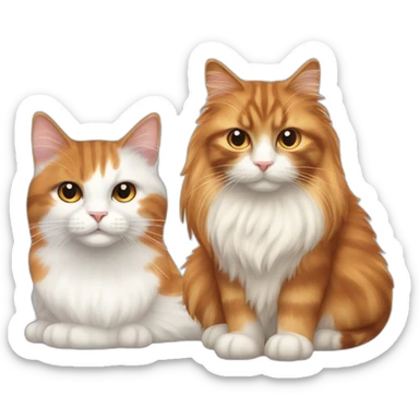 Long-haired, brown and  white calico cat next to an orange tabby cat sticker