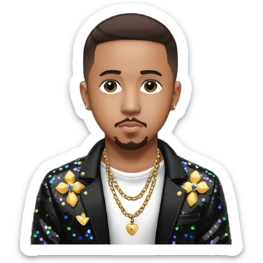 Marques Houston with dark brown hair, black sequin jacket, shirtless with necklace sticker