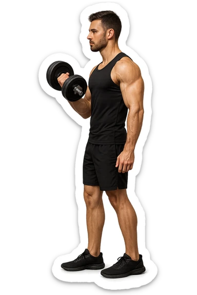 uomo fitness di profilo a figura intera con manubrio da palestra in mano, iperrealistico 4k sticker