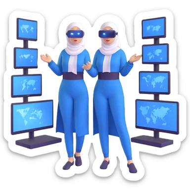 woman with white hijab in blue outfit working with multiple screens displaying digital world, virtual reality interfaces, metaverse elements, code visualization sticker
