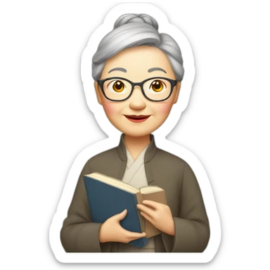 Older Chinese lady teacher held book standing sticker