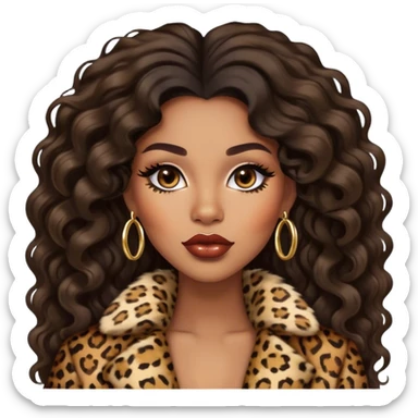 light brown skin tone, very beautiful woman, with big plump lips, long long lashes, black wavy long hair, brown eyes, leopard fur coat, gold hoop earrings sticker