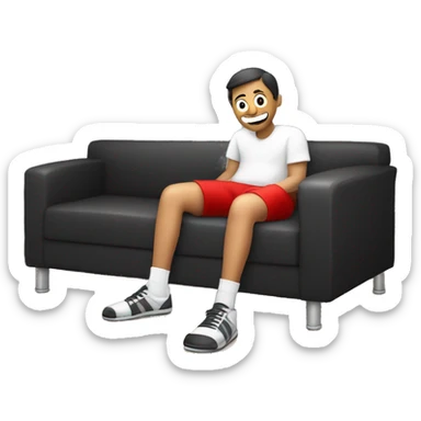 The image show a person sitting on couch. They are wearing a dirty socks and red shorts. Their legs are extended, with one foot closer to the camera. The person is wearing white socks with black text near the top, one of which is on the floor. sticker