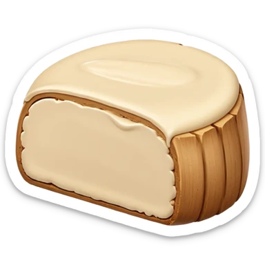 small mound or log of smooth pale beige almond paste with dense slightly matte surface and soft malleable texture, rounded clean edges, one or two slices beside it revealing uniform interior, no packaging or decoration, just the pâte d’amande, soft lighting, subtle shadows, emoji scale sticker