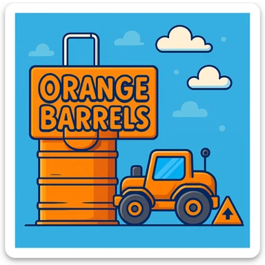 Add a sign next to the orange road construction barrel that says 'Orange Barrels' in a playful cartoon font. Keep the bright, fun background. sticker