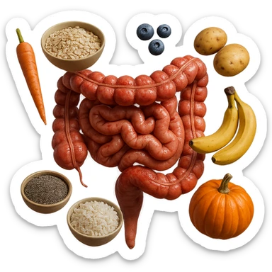 intestino umano anatomico infiammato con carota, bowl di avena, mirtilli, bowl di semi di chia, patate, banane, zucca, bowl di riso che gli fluttuano intorno , iperrealistico 4k sticker