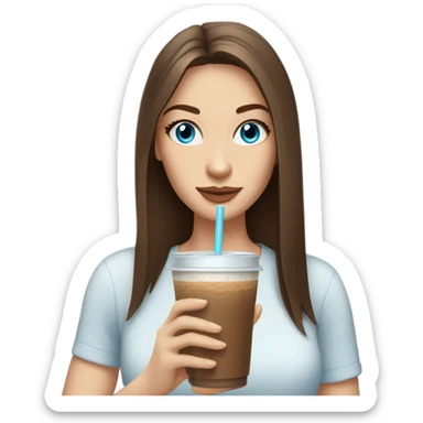 brown hair blue eyes long straight hair white skin woman holding an iced coffee sticker