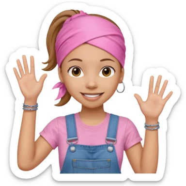 Light skin woman with brown ponytail and light pink head bandana. pink t-shirt with denim overalls. Expression is friendly with big smile and waving hello sticker