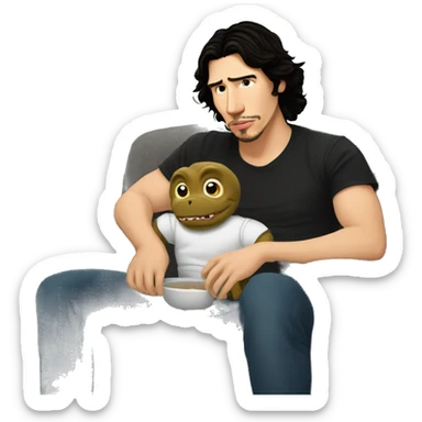Adam driver in couch with baby black T. rex  watching a movie  sticker