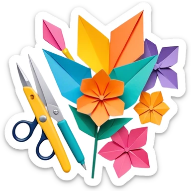 Paper crafting icon, various paper crafts like origami, paper flowers, and scrapbooking materials, visible tools such as scissors, glue stick, and paper sheets, colorful paper patterns, minimalistic style, clean lines, transparent background. sticker