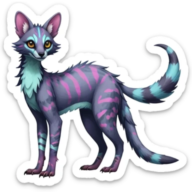 Feral Rare Fantasy dark colorful pastel vibrant tropical Vernid-Sergal-Genet-Trico-species by LiLaiRa, random markings, tufted tail, tufted ears, full body sticker
