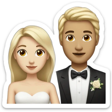 Woman with dark brown and straight hair with black eyes and man with blonde hair getting married sticker