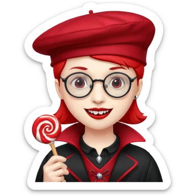 Vampire with lollipop, beret and glasses, teeth looks like vampire sticker