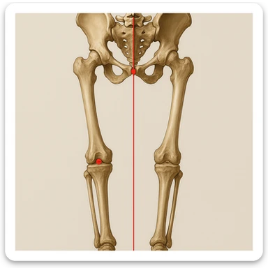 Hyperrealistic anatomical illustration 4K, rear view, 1:1 proportion, normal knee seen from behind, pelvis bones, femur, tibia, and fibula clearly highlighted, red mechanical axis line, realistic details, medical style, neutral background. sticker