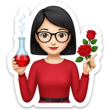 female asian chemistry teacher wearing glasses holdin a flask pointing right with straight short hair to her shoulders wearing a red dress with roses on it and black hair and make the glasses more retangle and make her hold a flash with one hand and with the other point right and make her smile sticker