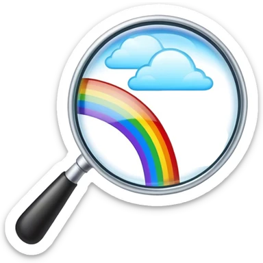 a magnifying glass with a rainbow river flowing through it and passing by sticker