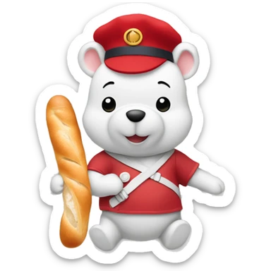 parisien style white pooh, with red beret on head and baguette in arms, and with eiffel tower in background sticker