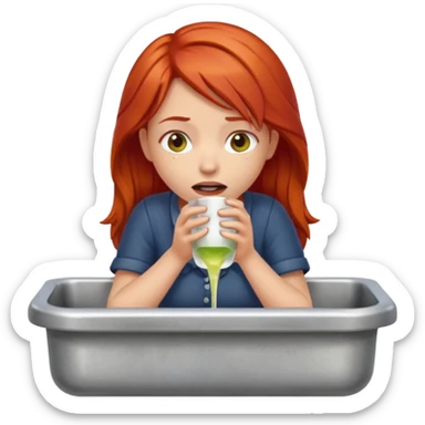 apple style emoji of a girl with red hair at a dry sink, showing signs of thirst and fatigue sticker