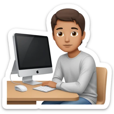 emoji of a man sitting at the table with an imac on it, a man sits in a very thoughtful pose sticker